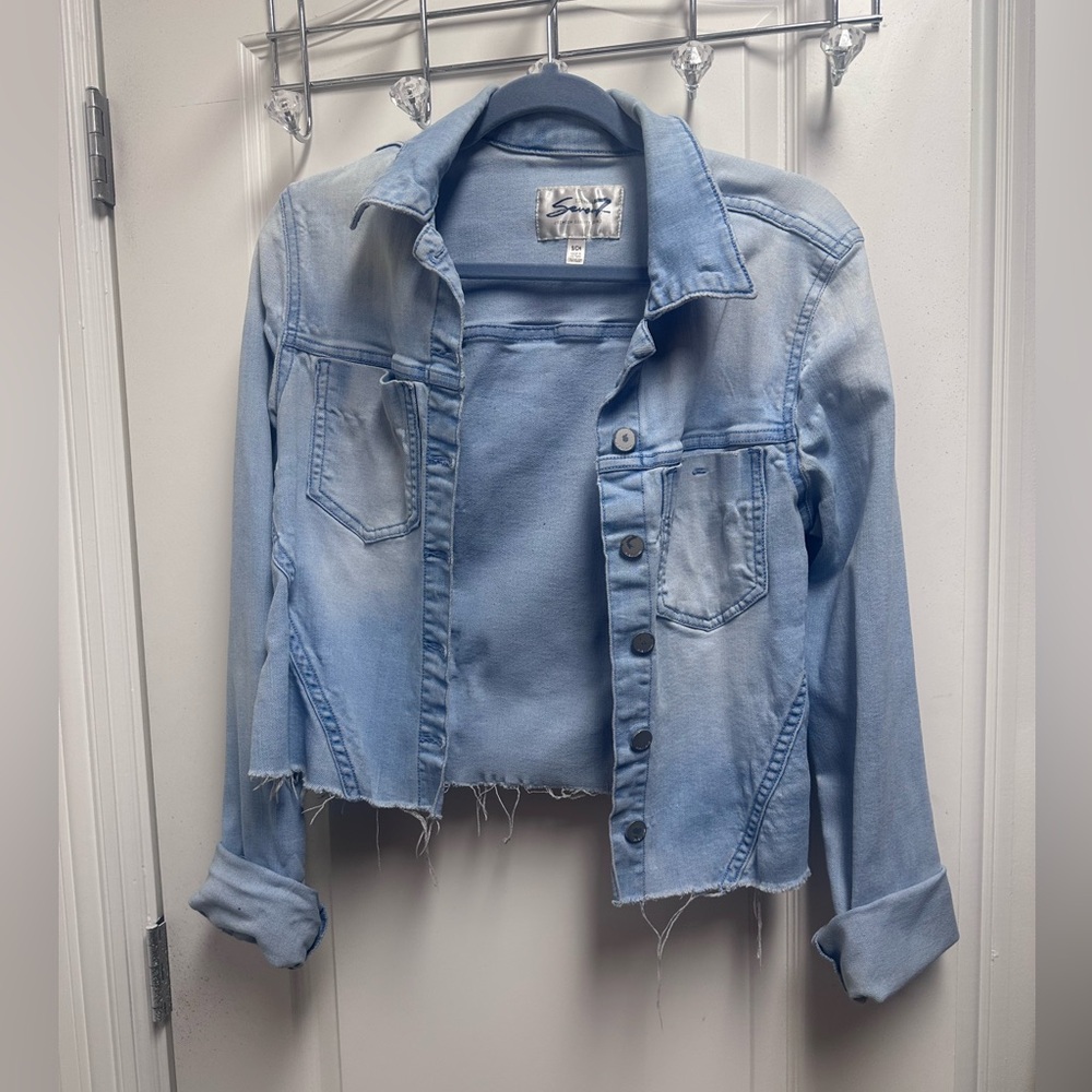 Seven 7 Light Blue Denim Jacket Distressed Button Up SZ S